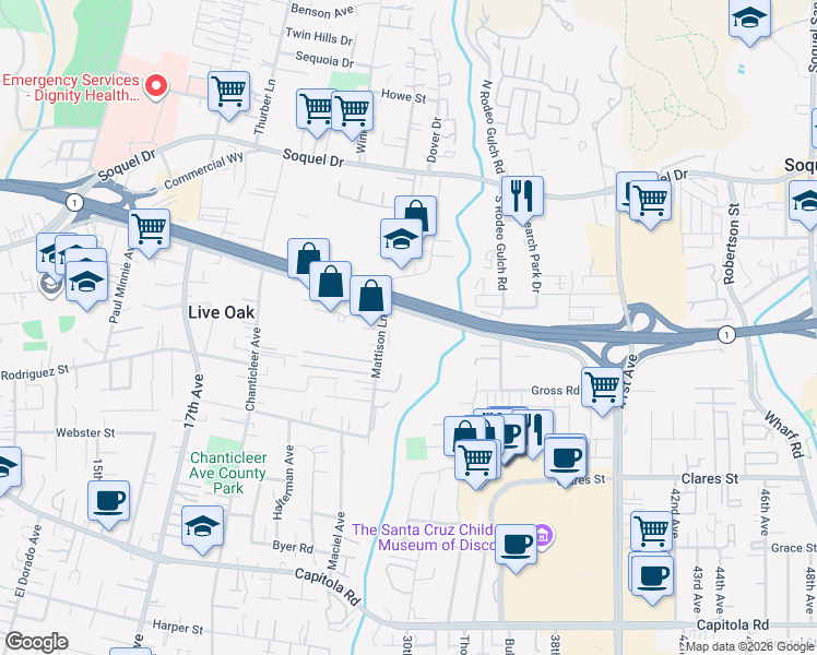 map of restaurants, bars, coffee shops, grocery stores, and more near 6100 Soquel Avenue in Santa Cruz