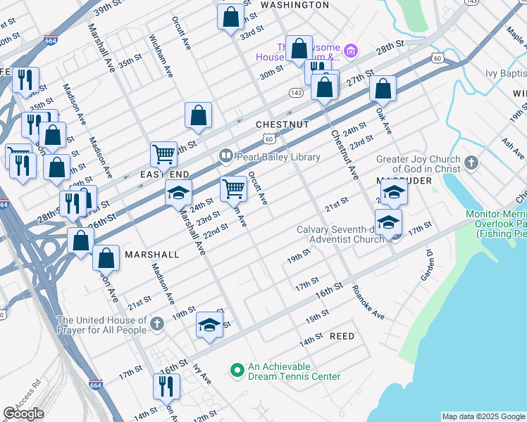 map of restaurants, bars, coffee shops, grocery stores, and more near 934 Hampton Avenue in Newport News