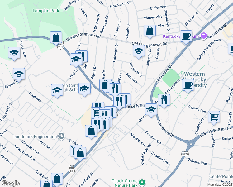 map of restaurants, bars, coffee shops, grocery stores, and more near 12 Holly Drive in Bowling Green