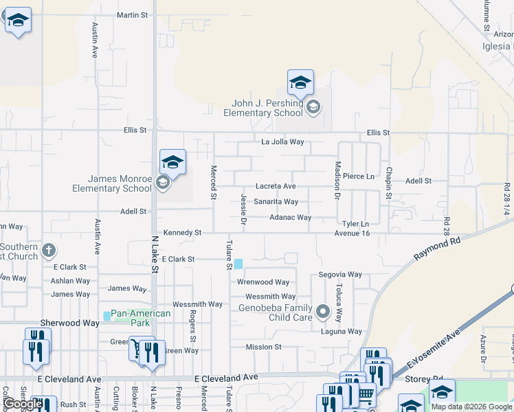 map of restaurants, bars, coffee shops, grocery stores, and more near 1400 Adanac Way in Madera