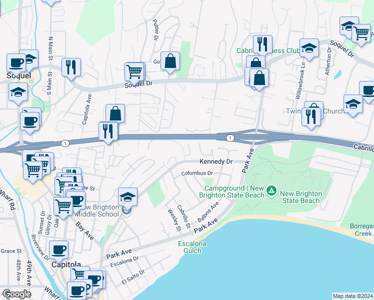 map of restaurants, bars, coffee shops, grocery stores, and more near 912 Kennedy Drive in Capitola