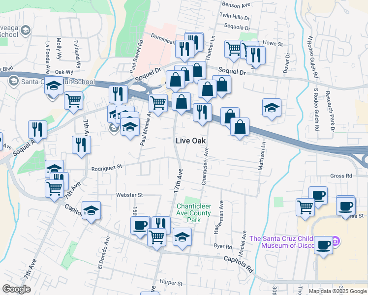 map of restaurants, bars, coffee shops, grocery stores, and more near 2200 17th Avenue in Santa Cruz