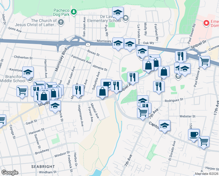 map of restaurants, bars, coffee shops, grocery stores, and more near 2025 Soquel Avenue in Santa Cruz