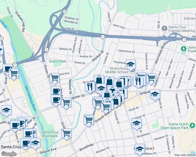 map of restaurants, bars, coffee shops, grocery stores, and more near 120 Belvedere Terrace in Santa Cruz