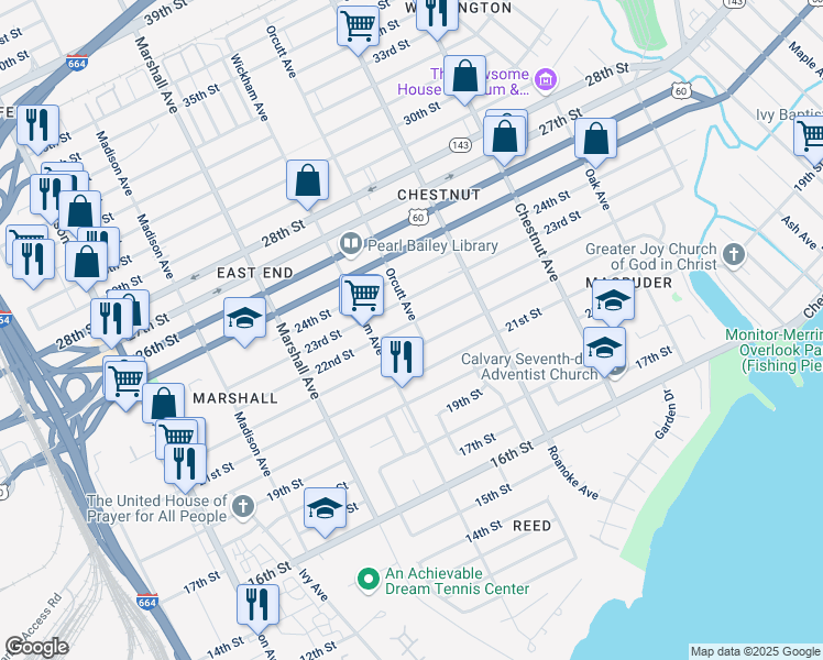 map of restaurants, bars, coffee shops, grocery stores, and more near 934 Hampton Avenue in Newport News