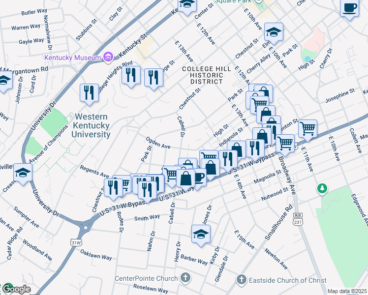 map of restaurants, bars, coffee shops, grocery stores, and more near 816 Cabell Drive in Bowling Green