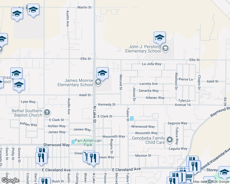 map of restaurants, bars, coffee shops, grocery stores, and more near 1004 Adell Street in Madera