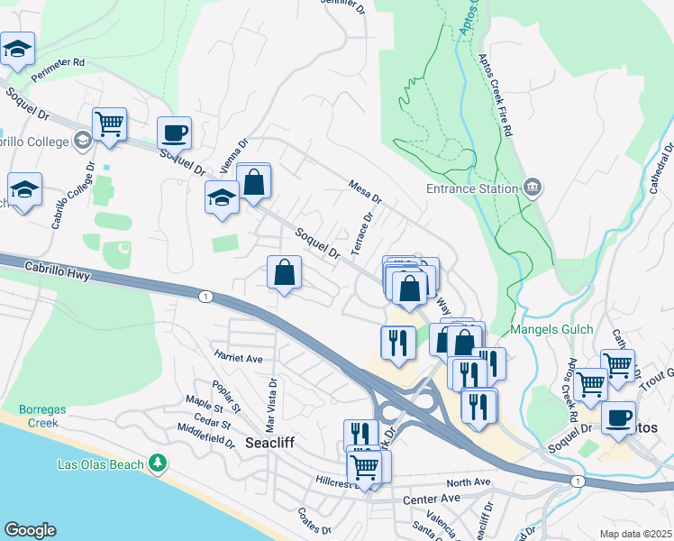 map of restaurants, bars, coffee shops, grocery stores, and more near 2834 Casa De Vida Drive in Aptos