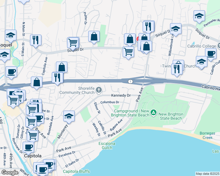 map of restaurants, bars, coffee shops, grocery stores, and more near 1139 Callas Lane in Capitola
