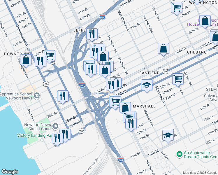 map of restaurants, bars, coffee shops, grocery stores, and more near 2713 Jefferson Avenue in Newport News