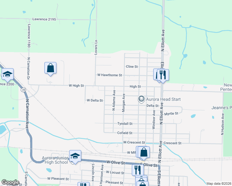 map of restaurants, bars, coffee shops, grocery stores, and more near 306 West Lee Street in Aurora