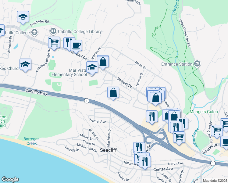 map of restaurants, bars, coffee shops, grocery stores, and more near 64 Leawood Street in Aptos