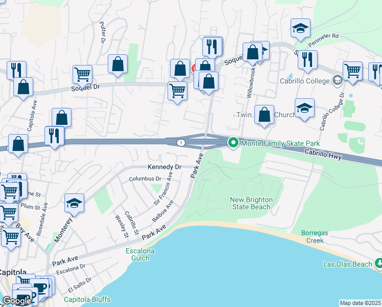 map of restaurants, bars, coffee shops, grocery stores, and more near 1128 Sills Court in Capitola