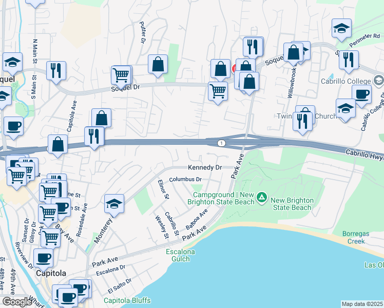 map of restaurants, bars, coffee shops, grocery stores, and more near 940A Kennedy Drive in Capitola