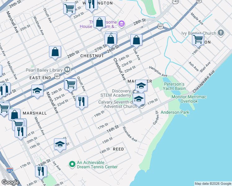 map of restaurants, bars, coffee shops, grocery stores, and more near 1121 20th Street in Newport News
