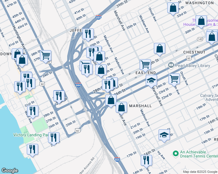 map of restaurants, bars, coffee shops, grocery stores, and more near 2607 Jefferson Avenue in Newport News