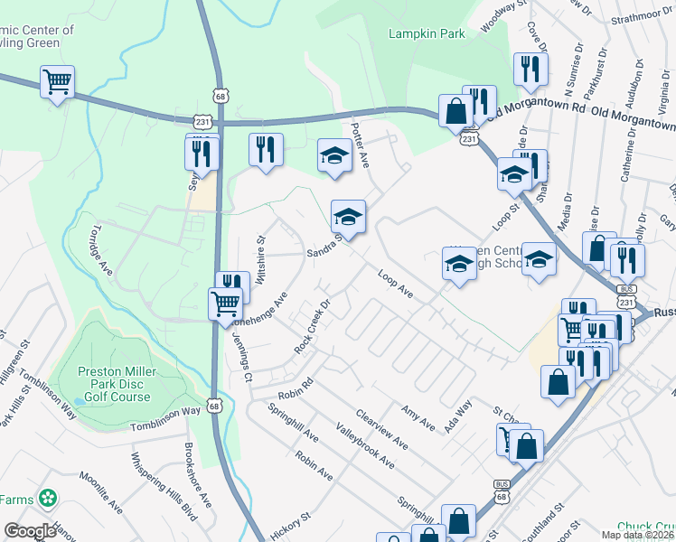 map of restaurants, bars, coffee shops, grocery stores, and more near 2001 Rock Creek Drive in Bowling Green