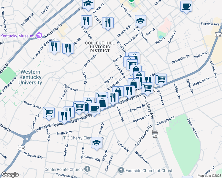 map of restaurants, bars, coffee shops, grocery stores, and more near 1372 Indianola Street in Bowling Green