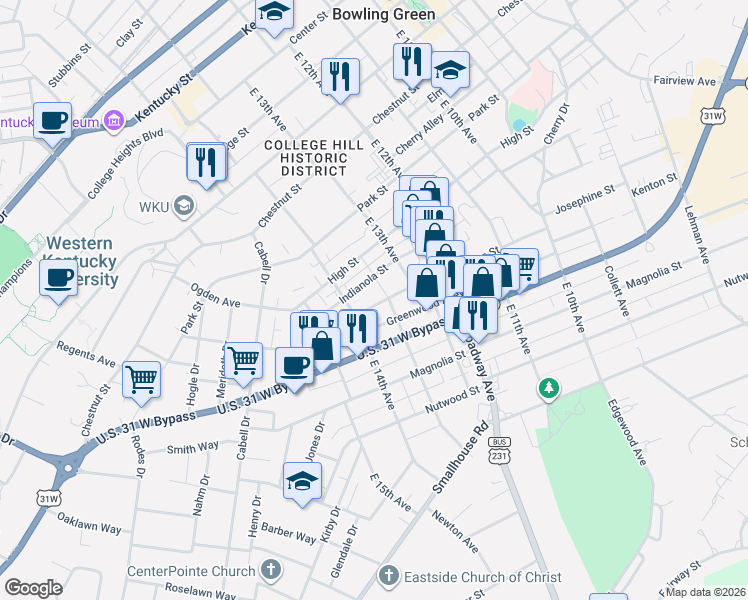 map of restaurants, bars, coffee shops, grocery stores, and more near 1343 Indianola Street in Bowling Green