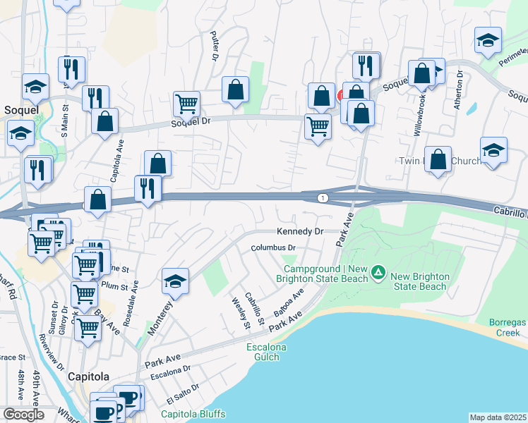 map of restaurants, bars, coffee shops, grocery stores, and more near 926 Ponselle Lane in Capitola