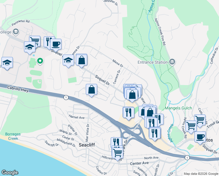map of restaurants, bars, coffee shops, grocery stores, and more near 3030 Marlo Court in Aptos