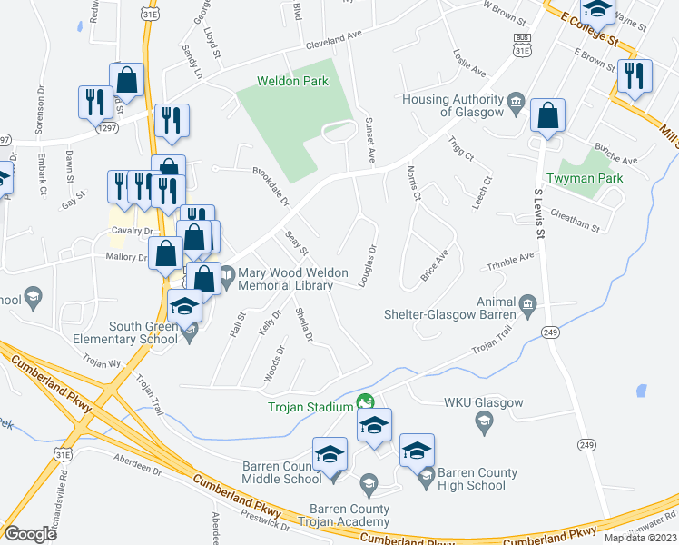 map of restaurants, bars, coffee shops, grocery stores, and more near 203-211 Uncle Johns Lane in Glasgow