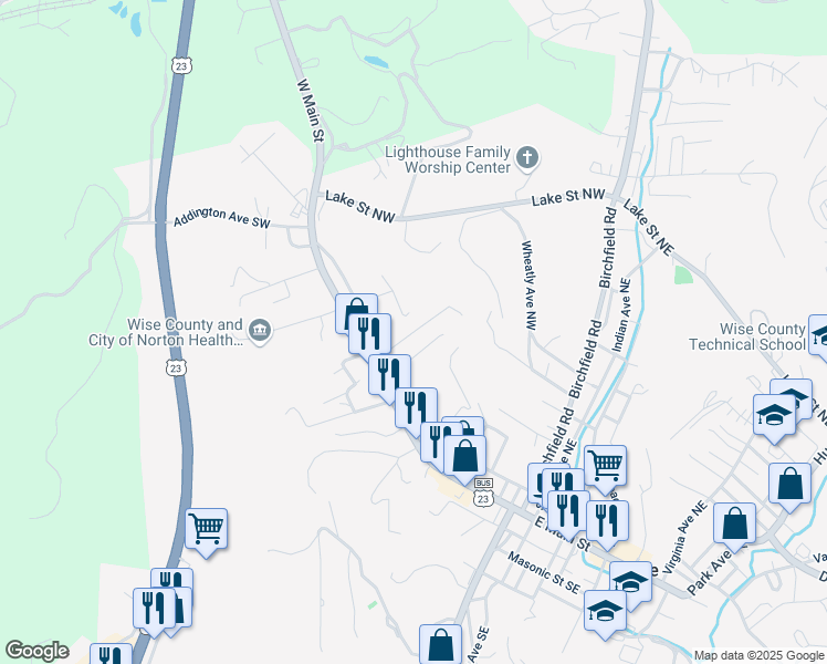 map of restaurants, bars, coffee shops, grocery stores, and more near Beverly Hills Road in Wise