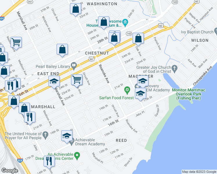 map of restaurants, bars, coffee shops, grocery stores, and more near 2111 Roanoke Avenue in Newport News