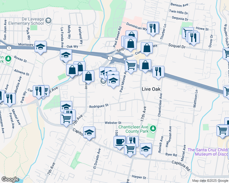 map of restaurants, bars, coffee shops, grocery stores, and more near 986 Bostwick Lane in Santa Cruz