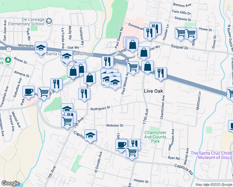 map of restaurants, bars, coffee shops, grocery stores, and more near 986 Bostwick Lane in Santa Cruz