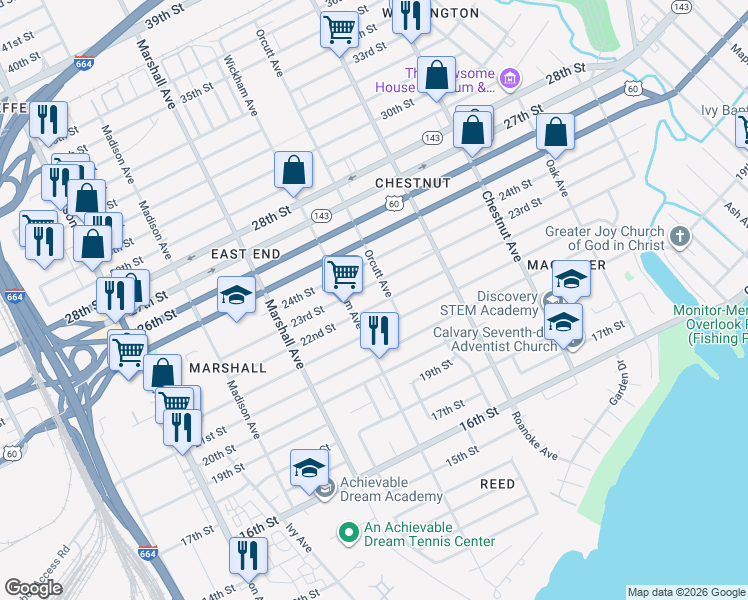 map of restaurants, bars, coffee shops, grocery stores, and more near 923 23rd Street in Newport News