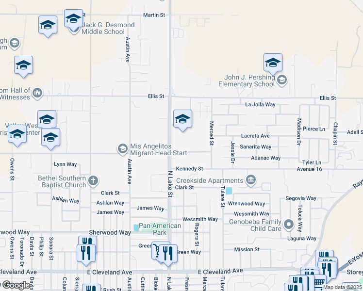 map of restaurants, bars, coffee shops, grocery stores, and more near 1819 North Lake Street in Madera