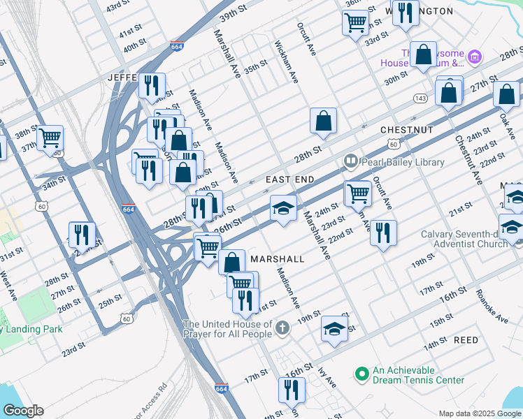 map of restaurants, bars, coffee shops, grocery stores, and more near 713 26th Street in Newport News