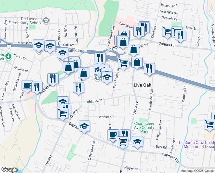 map of restaurants, bars, coffee shops, grocery stores, and more near 986 Bostwick Lane in Santa Cruz