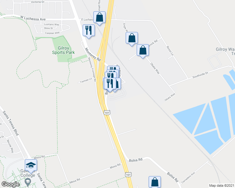 map of restaurants, bars, coffee shops, grocery stores, and more near 5884 Monterey Road in Gilroy