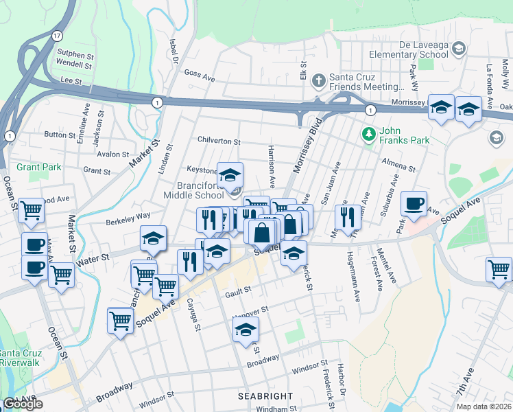 map of restaurants, bars, coffee shops, grocery stores, and more near 211 Harrison Avenue in Santa Cruz