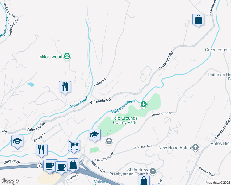 map of restaurants, bars, coffee shops, grocery stores, and more near 180 Norman Road in Aptos