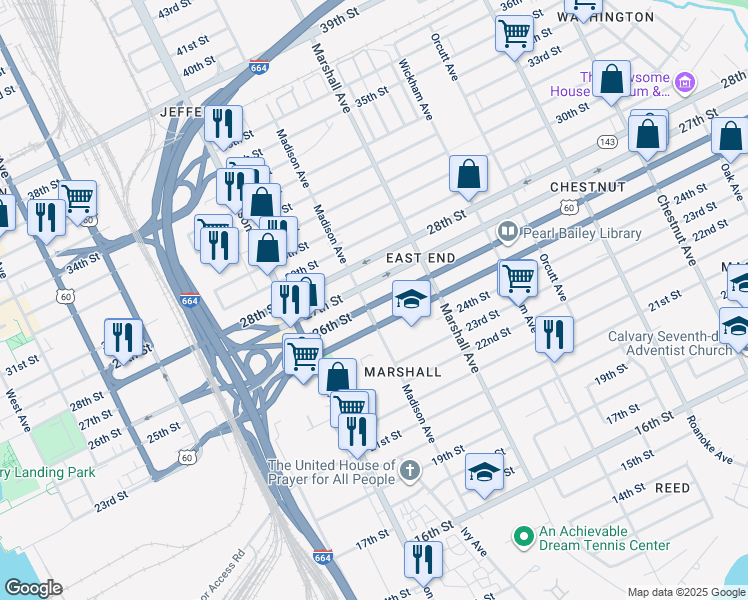 map of restaurants, bars, coffee shops, grocery stores, and more near 713 26th Street in Newport News