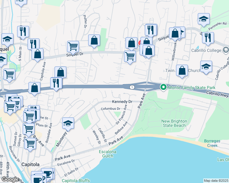 map of restaurants, bars, coffee shops, grocery stores, and more near 1144 Callas Lane in Capitola