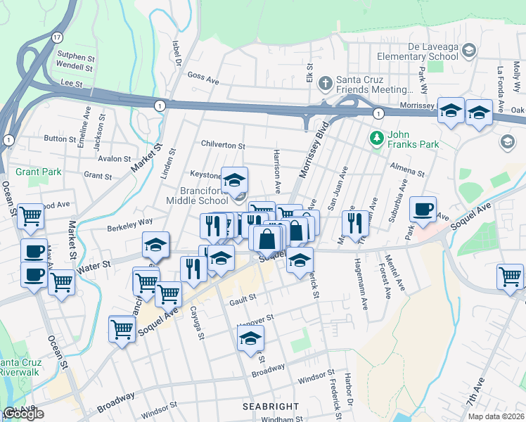 map of restaurants, bars, coffee shops, grocery stores, and more near 211 Harrison Avenue in Santa Cruz