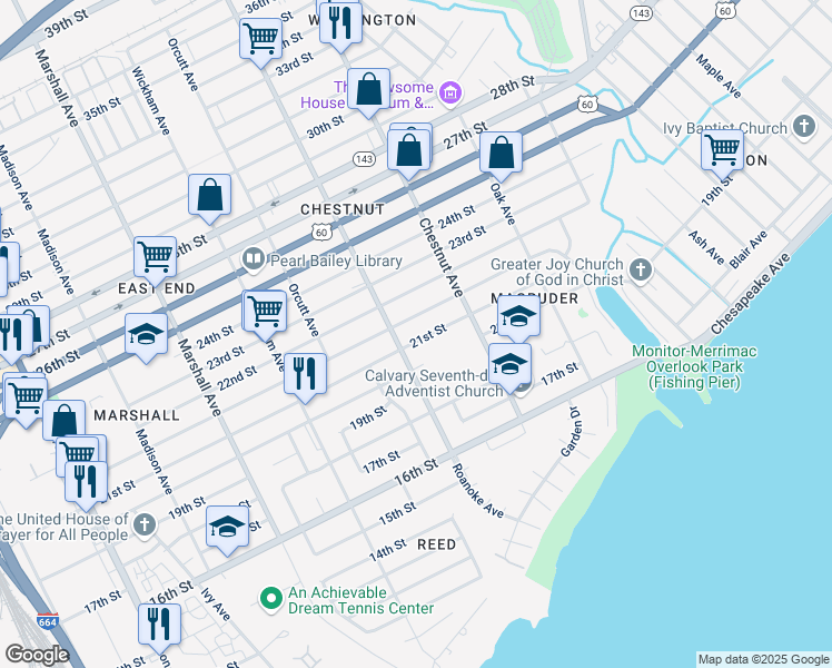 map of restaurants, bars, coffee shops, grocery stores, and more near 1117 21st Street in Newport News