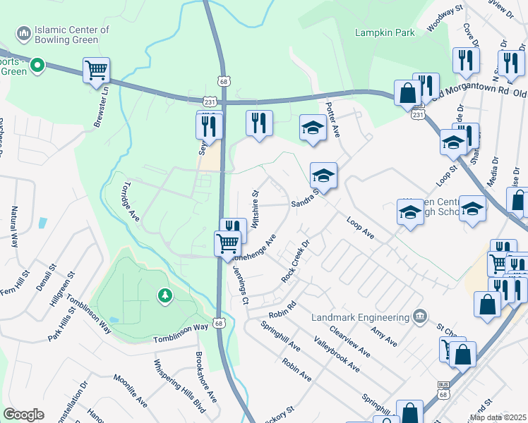 map of restaurants, bars, coffee shops, grocery stores, and more near 2054 Salisbury Drive in Bowling Green