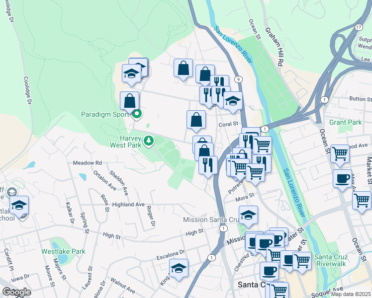 map of restaurants, bars, coffee shops, grocery stores, and more near 195 Harvey West Boulevard in Santa Cruz