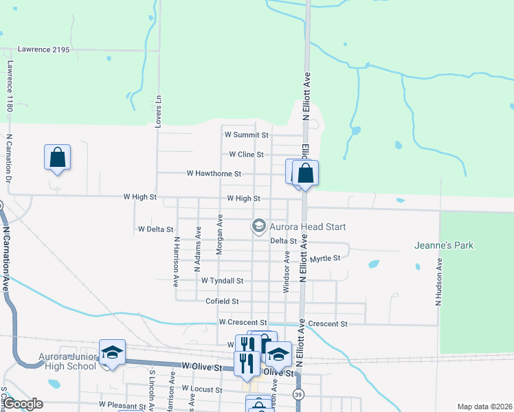 map of restaurants, bars, coffee shops, grocery stores, and more near 7 West High Street in Aurora