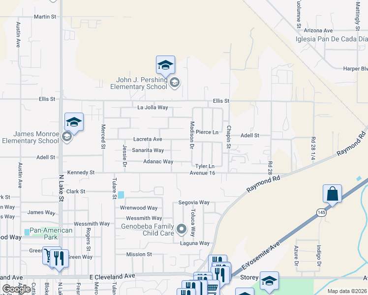 map of restaurants, bars, coffee shops, grocery stores, and more near 1641 Sanarita Court in Madera