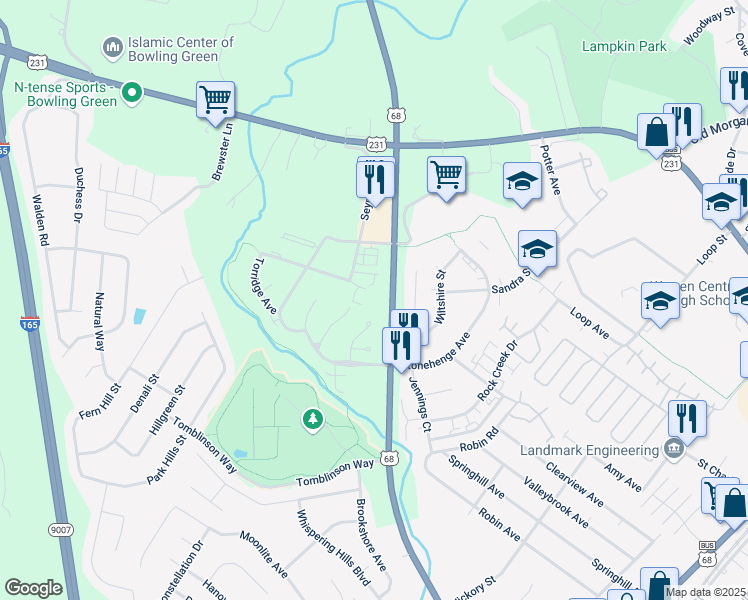 map of restaurants, bars, coffee shops, grocery stores, and more near Audley Avenue in Bowling Green