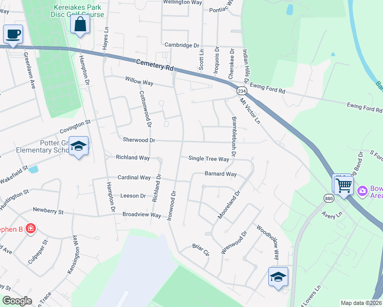 map of restaurants, bars, coffee shops, grocery stores, and more near Ironwood Drive in Bowling Green