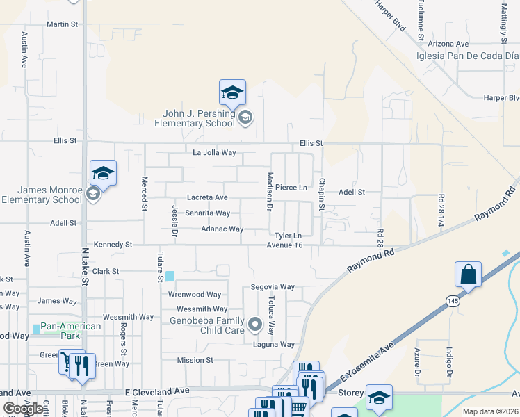 map of restaurants, bars, coffee shops, grocery stores, and more near 1641 Sanarita Court in Madera