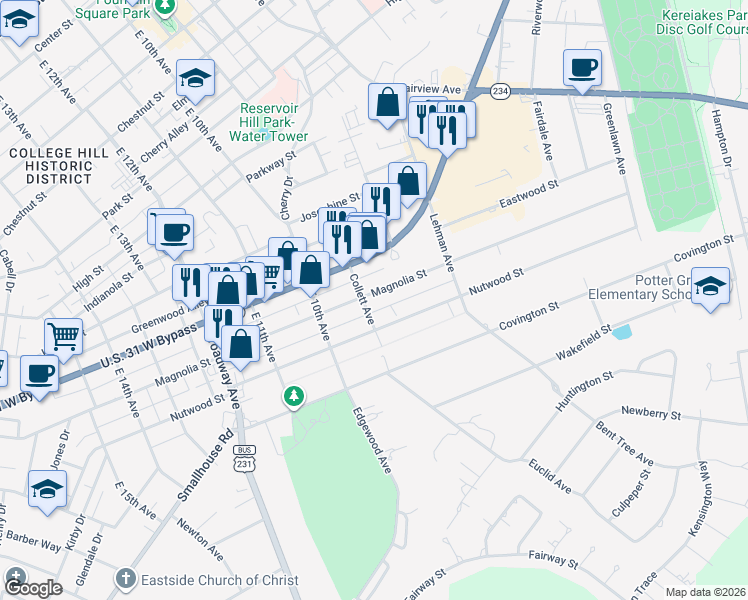 map of restaurants, bars, coffee shops, grocery stores, and more near 1001 Collett Avenue in Bowling Green