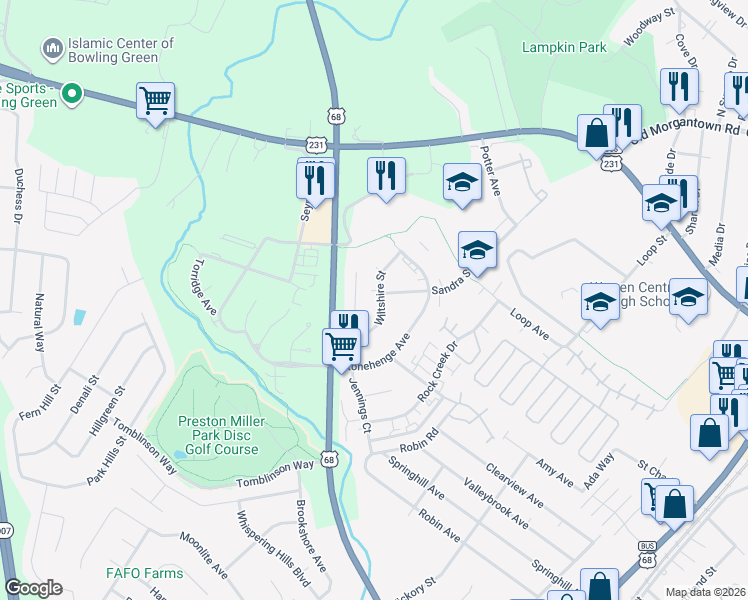 map of restaurants, bars, coffee shops, grocery stores, and more near 2015 Wiltshire Street in Bowling Green